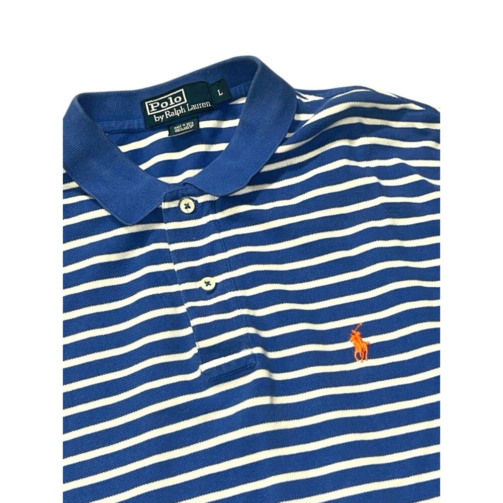 Polo Ralph Lauren Shirt Mens L Blue White Striped Polo Short Sleeve Cotton